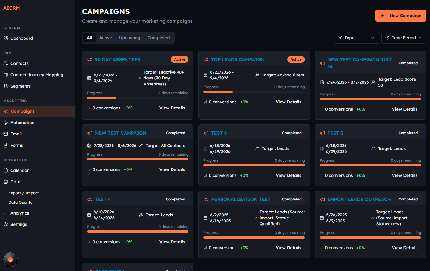 AICRM campaigns list, showing status, audience, and progress for each campaign