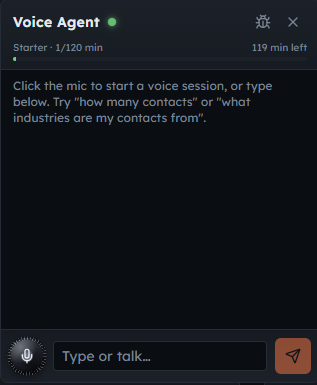 AICRM voice agent mid-conversation, showing usage meter and live transcript