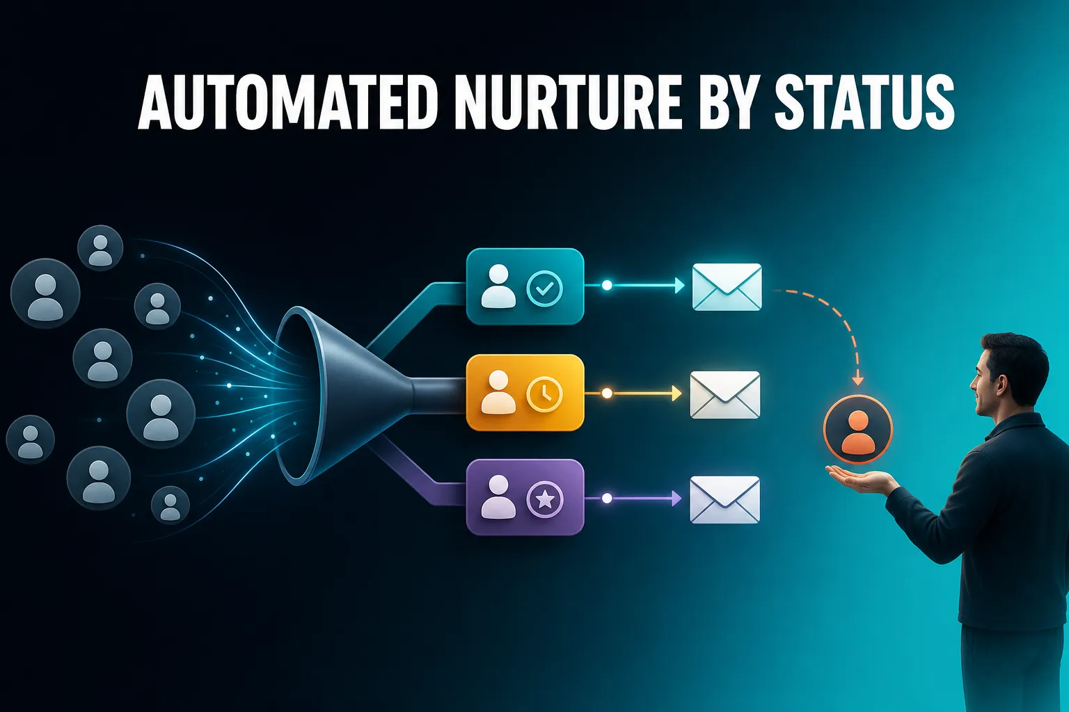 A clean illustration of contacts flowing through a simple funnel of status-based groups, with an email leaving each group automatically and one highlighted contact being handed to a person.