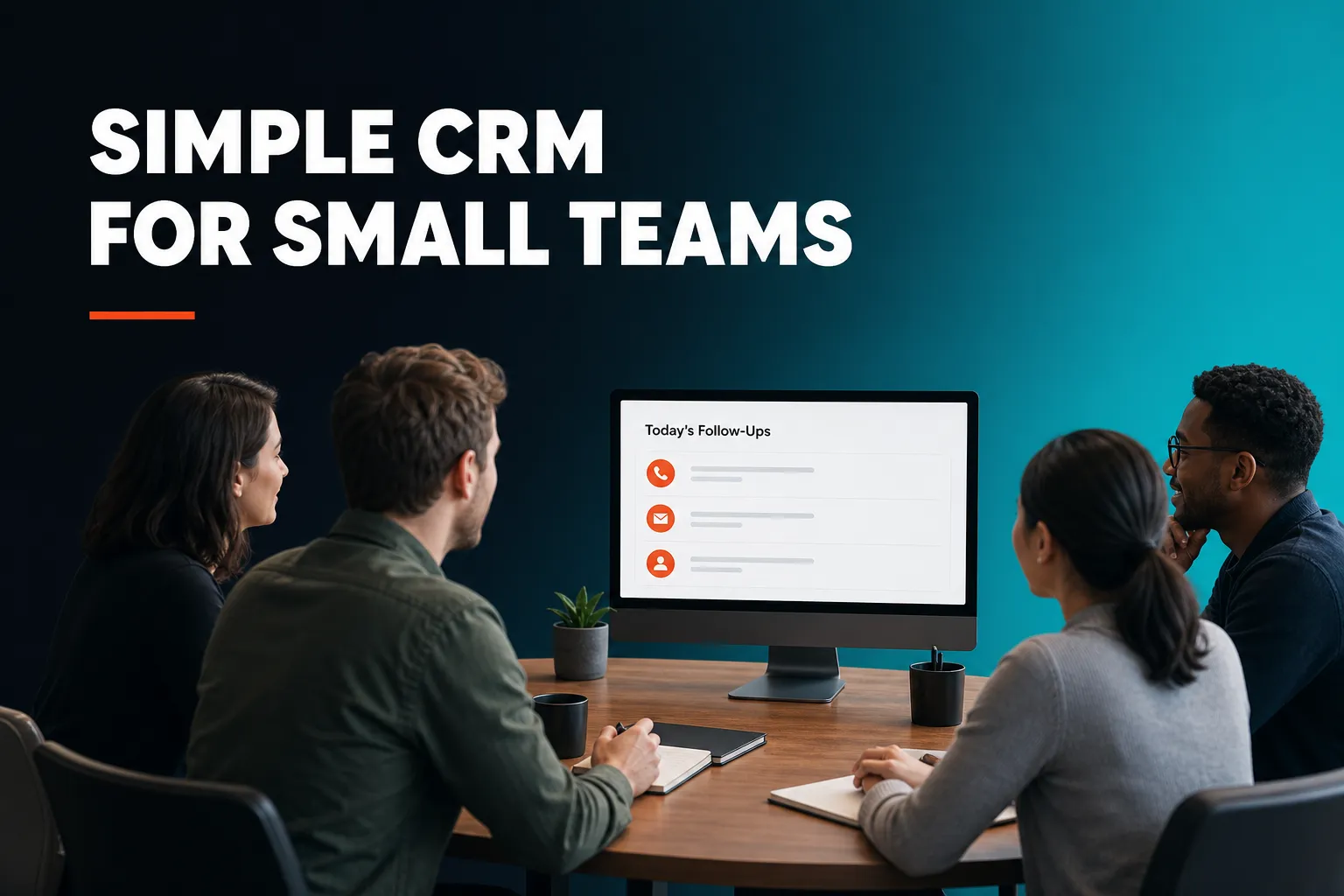 A small group of colleagues around one table looking at a single clean screen showing a short list of today's follow-ups, with no complicated dashboards in sight.