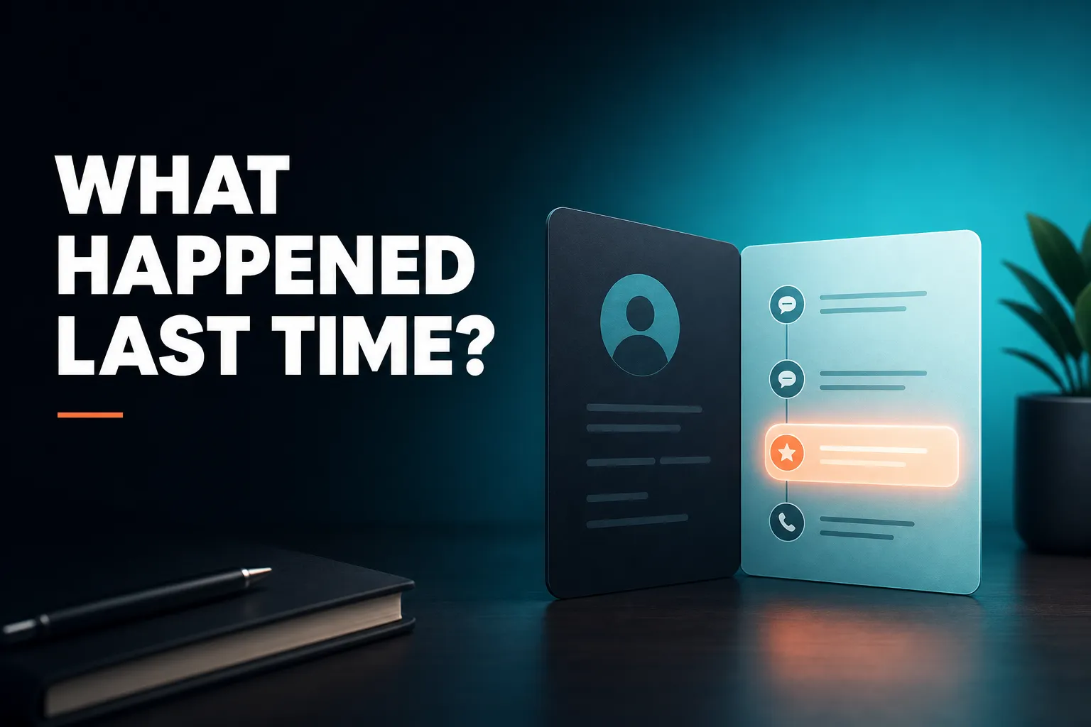 A calm desk scene where a single contact card opens to show a short timeline of past conversations, with one highlighted follow-up reason glowing softly.