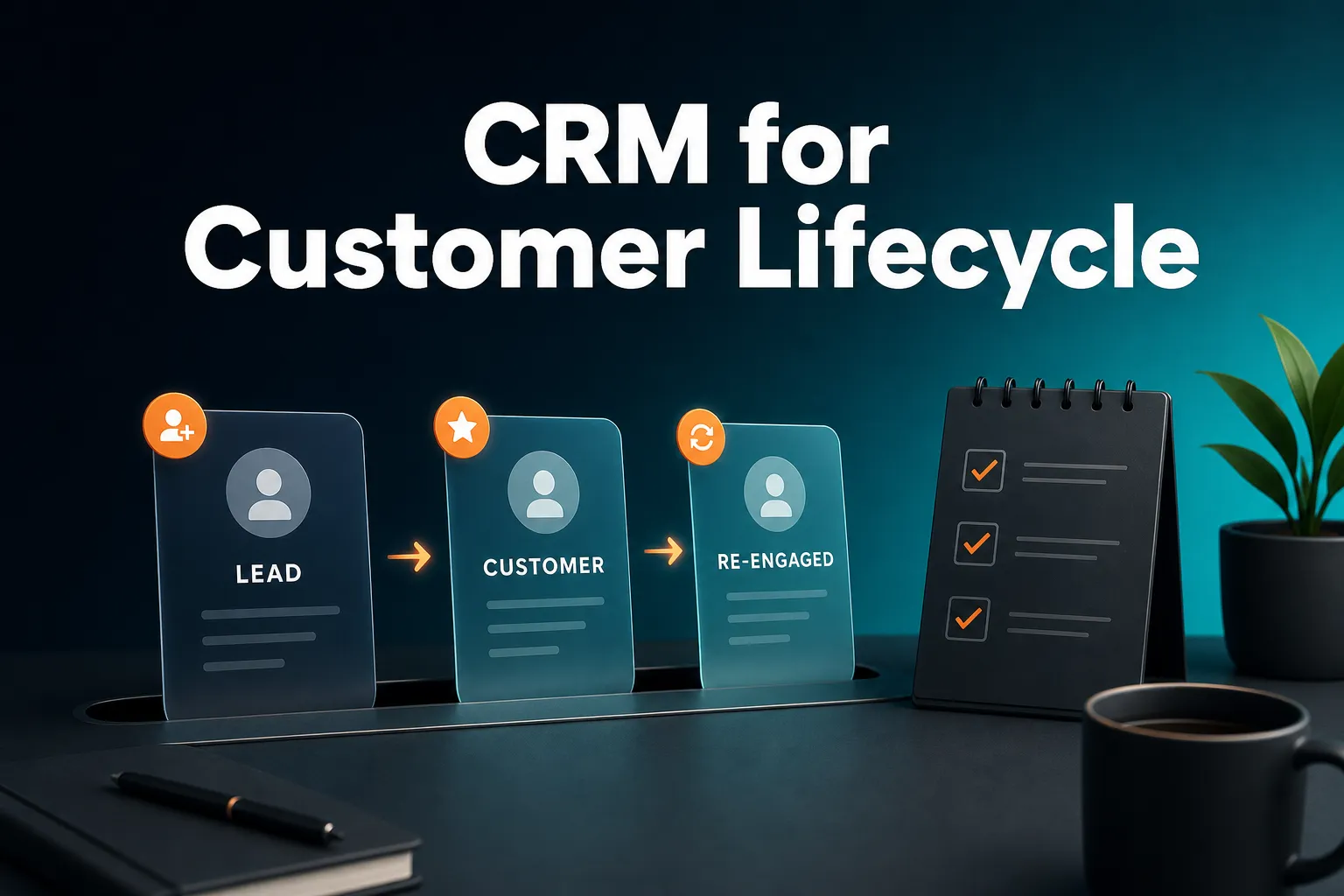 A calm, uncluttered desk scene with a contact card flowing through three simple stages from lead to customer to re-engaged, with a small checklist of follow-ups beside it.