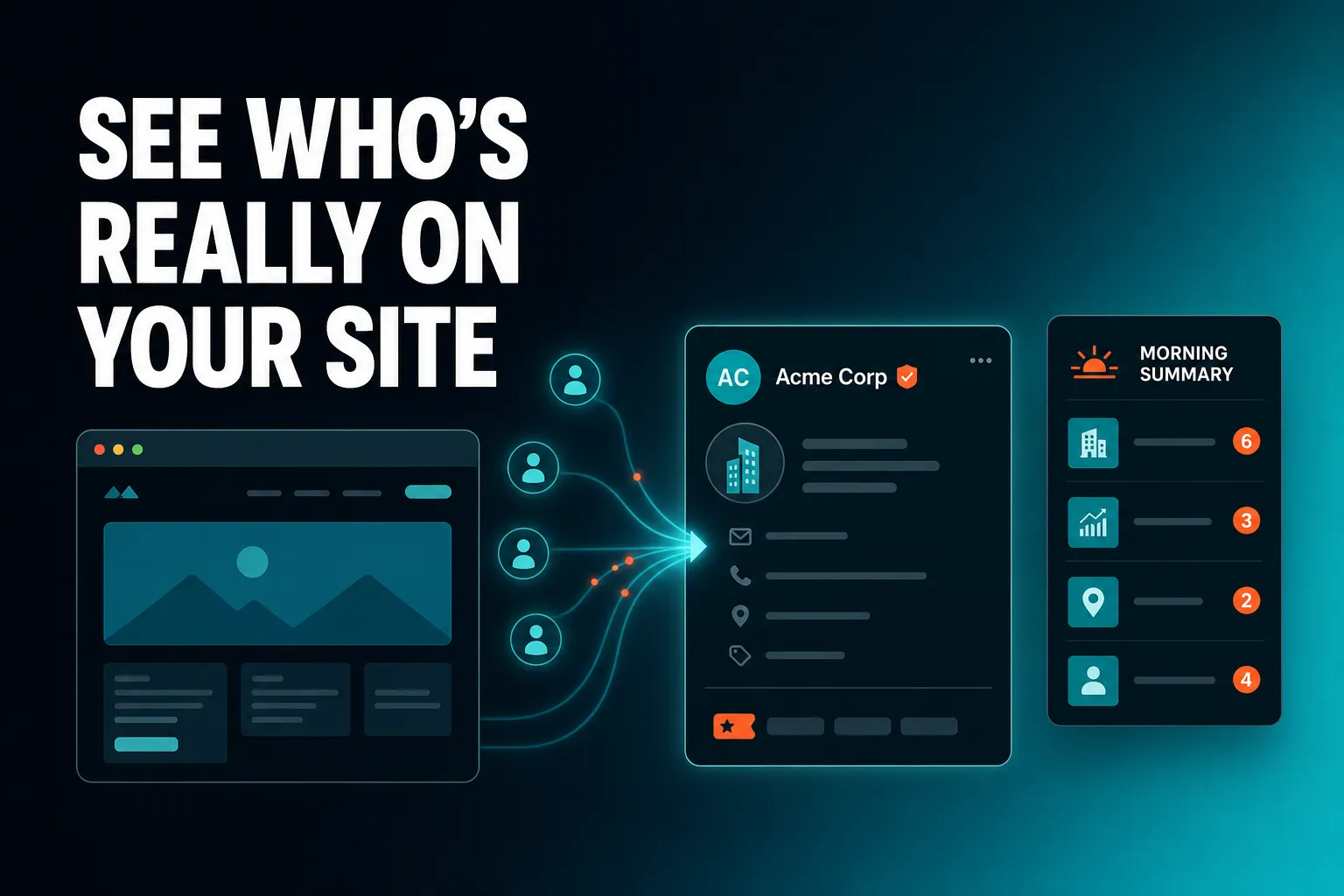 A clean illustration of a website page whose visitor activity flows into a contact record card, with a small company badge and a morning summary list beside it.
