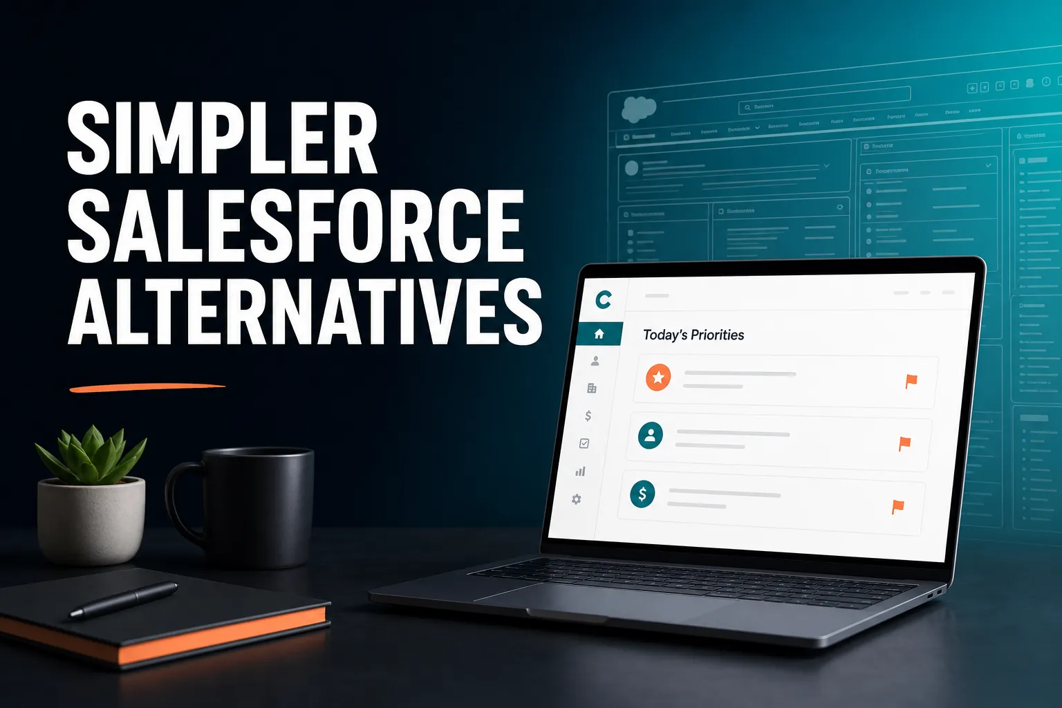 A clean desk scene with a simple, uncluttered CRM dashboard showing a short list of today's priorities, contrasted with a faint outline of a sprawling, complicated interface in the background.