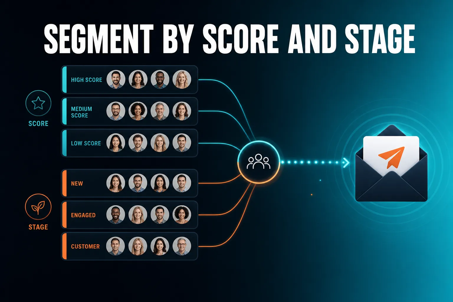 A clean illustration of contacts sorted into labelled groups by score and lifecycle stage, flowing towards a single email campaign.