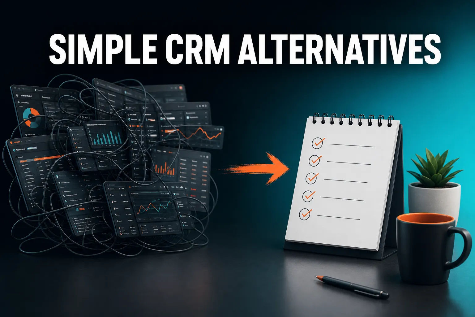 A clean, uncluttered desk-style scene contrasting a tangled web of complicated dashboards with one simple, calm list of next actions.