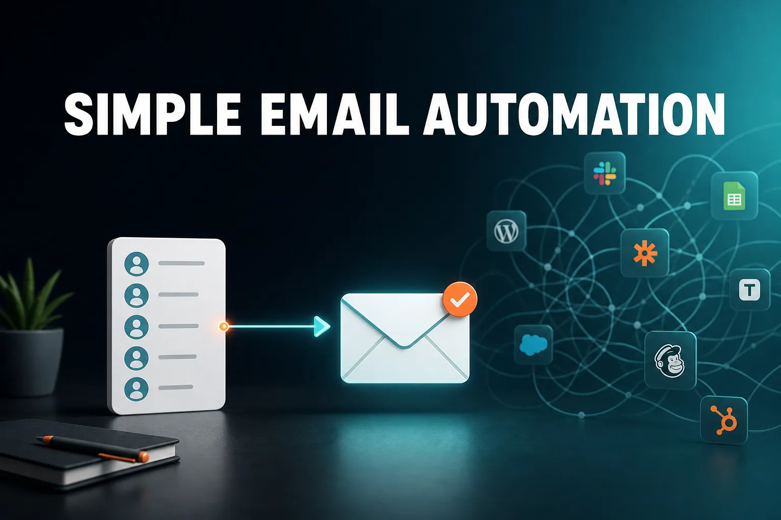 A calm, uncluttered desk scene where a single contact list flows into one email, contrasted with a tangled web of connected tools fading into the background.