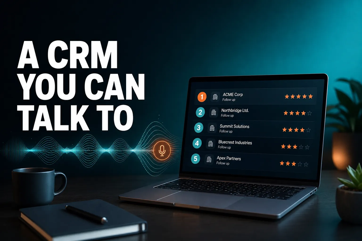 A calm desk scene with a laptop showing a ranked list of customer follow-ups and a soft sound-wave motif suggesting a spoken conversation with the CRM.