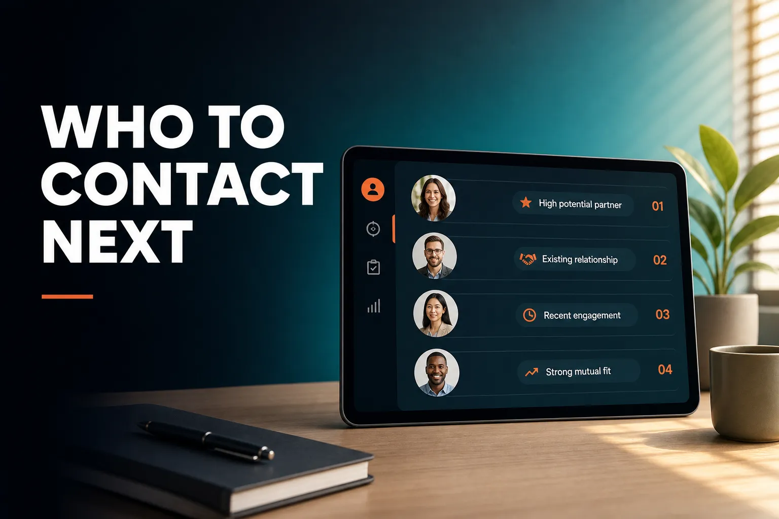 A clean, calm dashboard-style illustration of a short prioritised list of contacts with small reason labels, lit by soft morning light on a tidy desk.