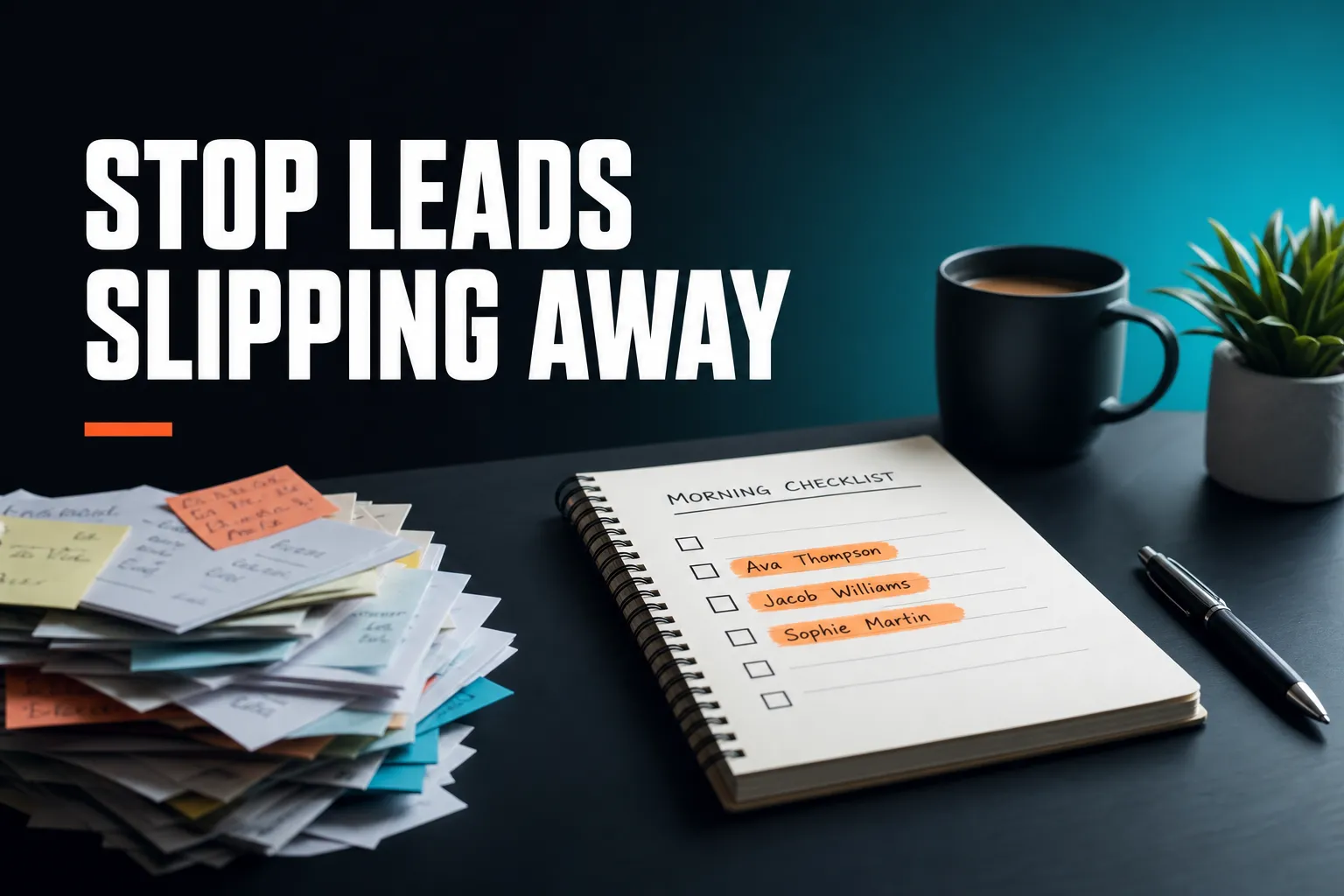 A calm desk scene where a single morning checklist surfaces a few highlighted customer names, while a stack of unsorted notes fades into the background.